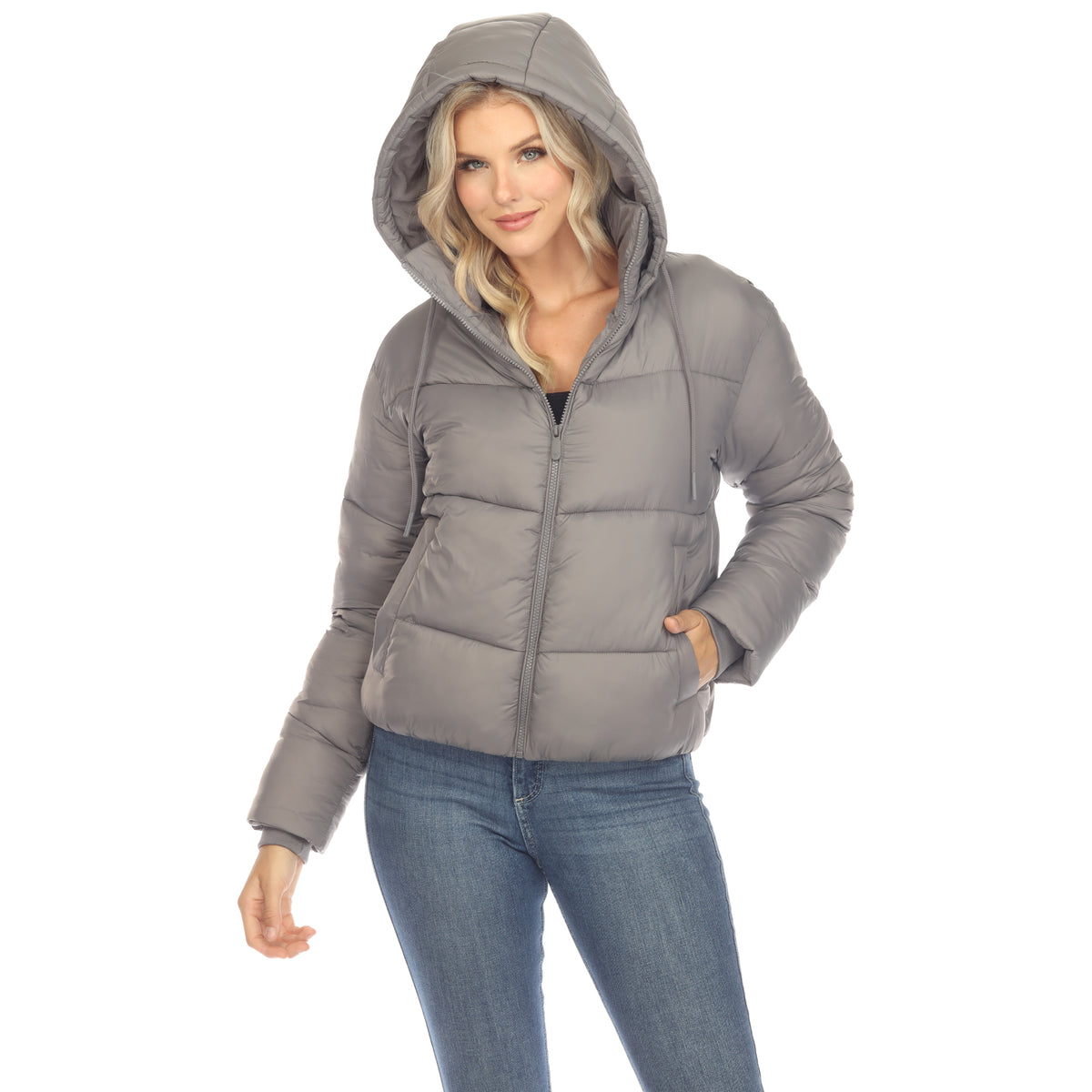 White Mark Women's Full Front Zip Hooded Bomber Puffer Coat