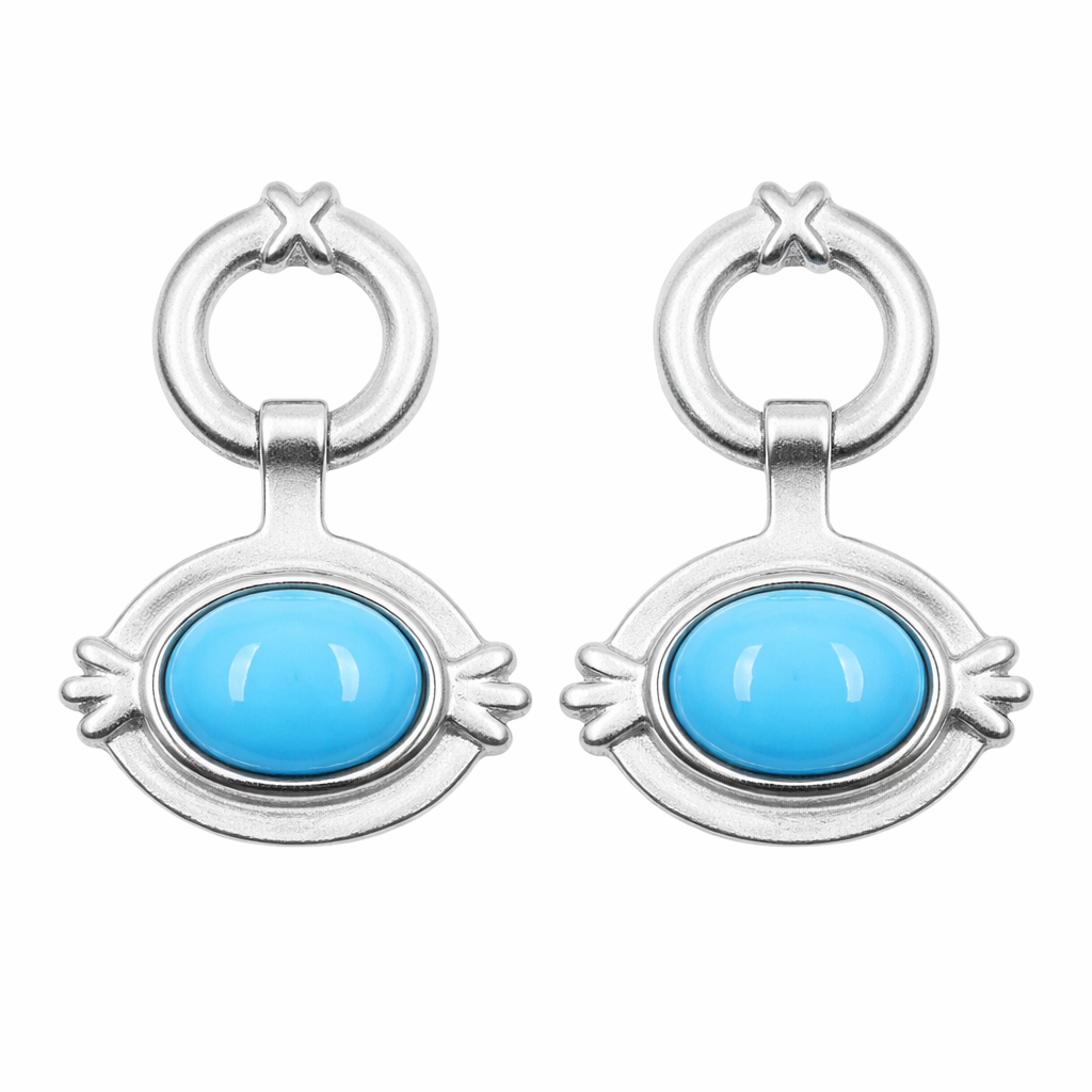 Sterling Silver 8x6mm Oval Sleeping Beauty Turq East-West Hoop Drop Earrings