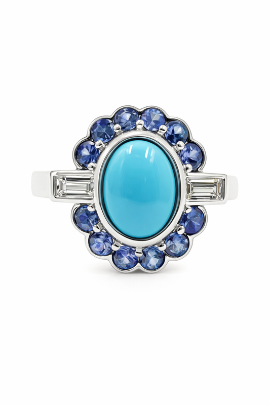 Sterling Silver 9x7mm Sleeping Beauty Turq & Ceylon Sapphire Halo Ring