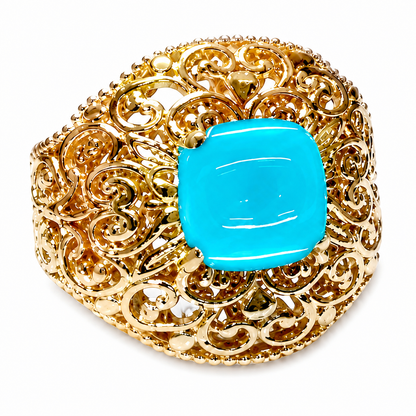 Gold Plated 8mm Cushion Sleeping Beauty Turquoise Filigree Statement Ring
