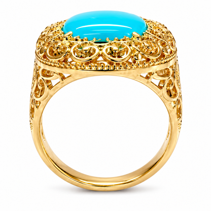 Gold Plated 8mm Cushion Sleeping Beauty Turquoise Filigree Statement Ring