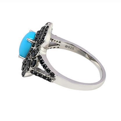 Sterling Silver 8x6mm Sleeping Beauty Turq & Black Spinel Pave Ring