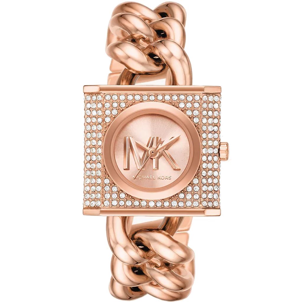 Rose gold watch with braided design on a white background