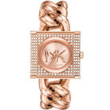 Rose gold watch with braided design on a white background