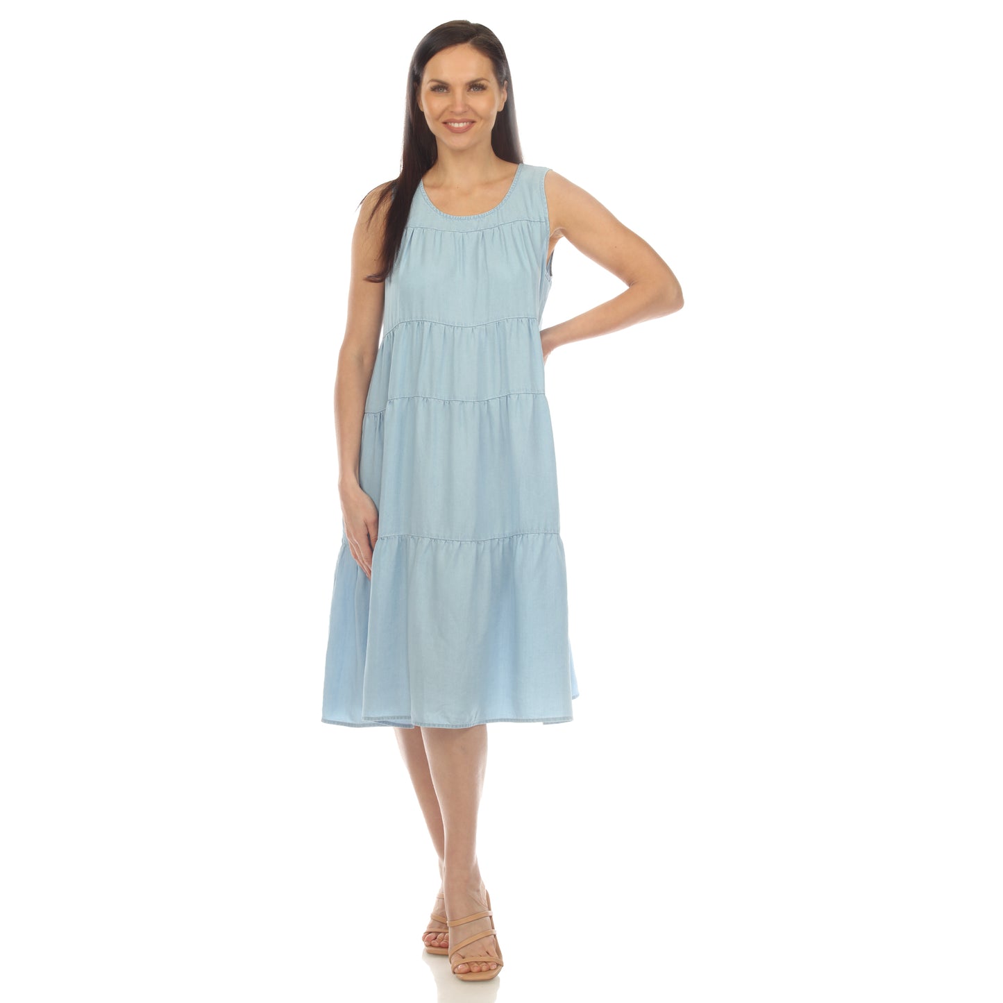 White Mark Women's Sleeveless Tiered Chambray Midi Dress