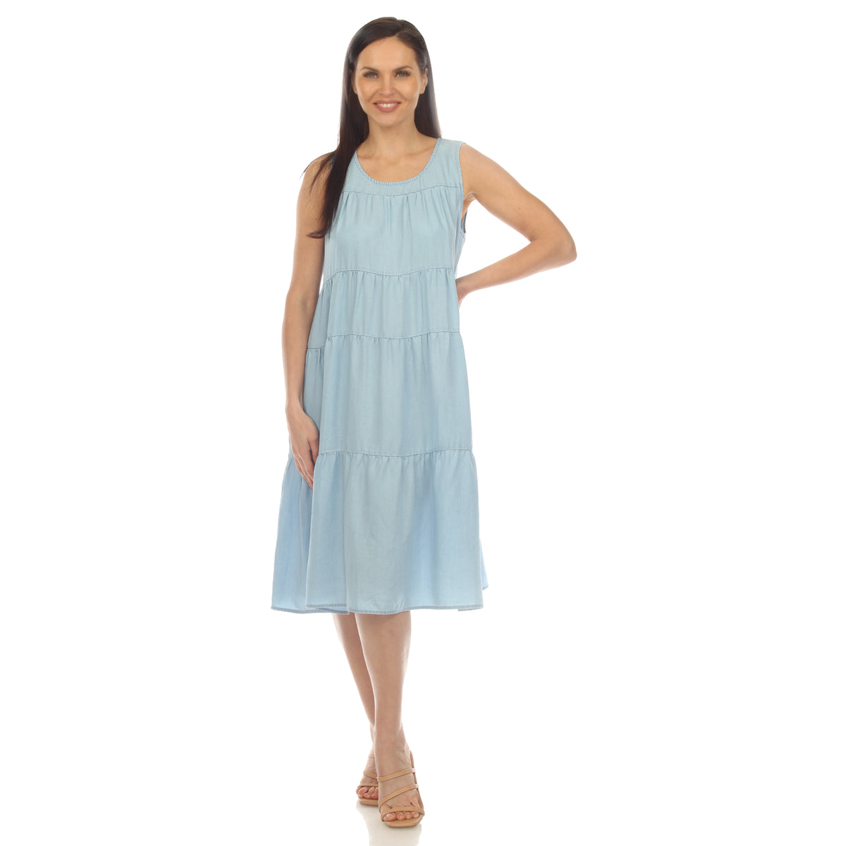 White Mark Women's Sleeveless Tiered Chambray Midi Dress