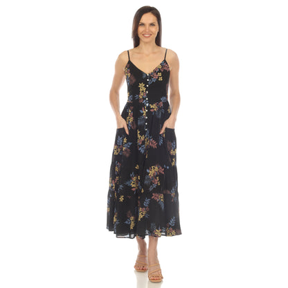White Mark Women's V-Neck Floral Print Midi Dress