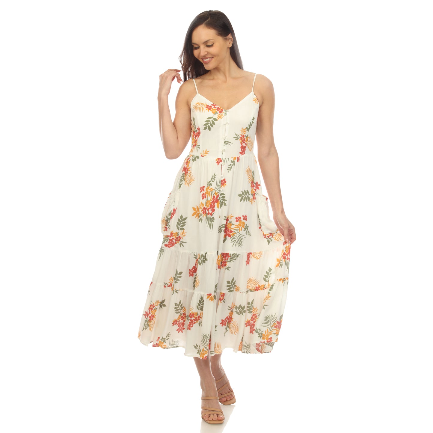 White Mark Women's V-Neck Floral Print Midi Dress