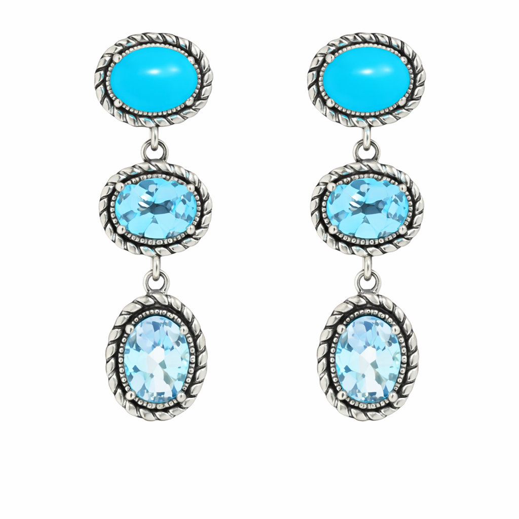 Sterling Silver Sleeping Beauty Turq & Blue Topaz Tiered Drop Earrings