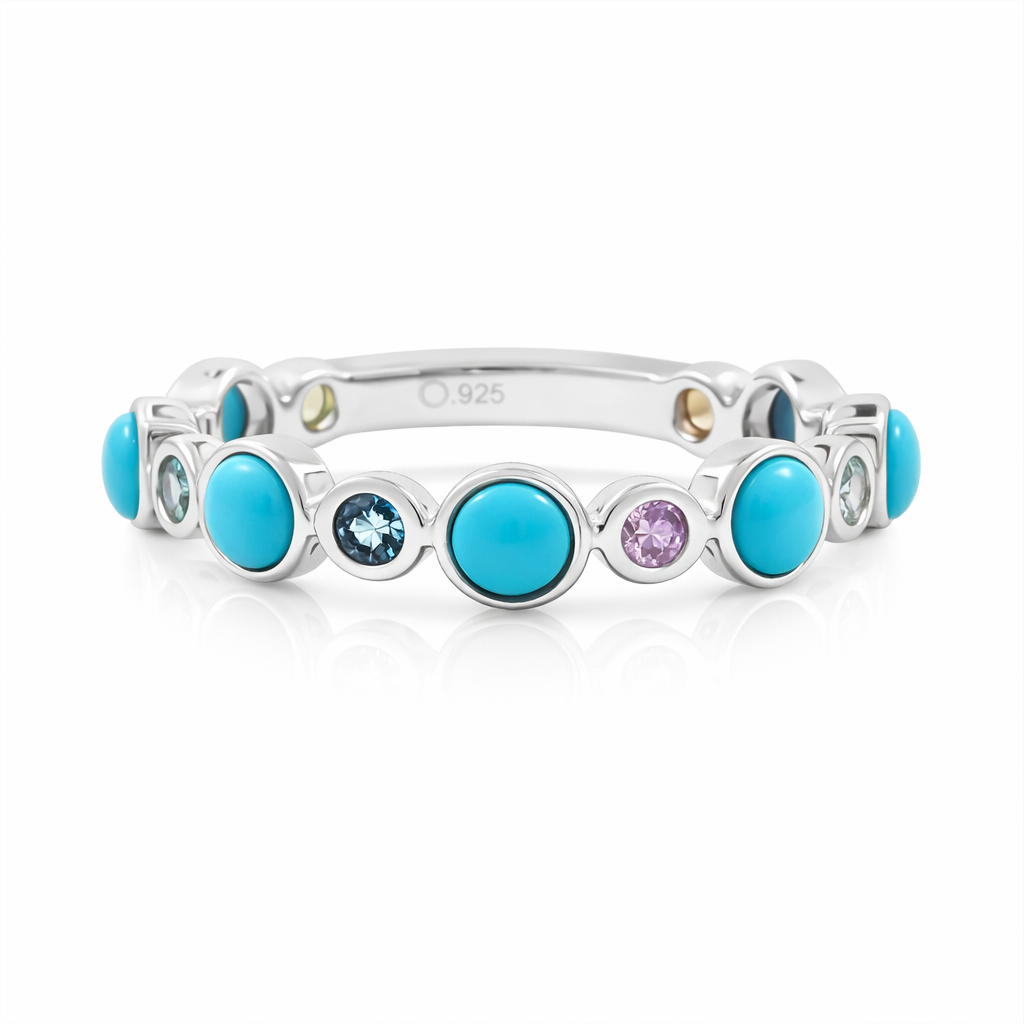 Sterling Silver Sleeping Beauty Turq & Multi Sapphire Station Eternity Band Ring