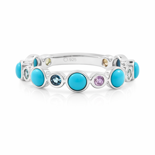Sterling Silver Sleeping Beauty Turq & Multi Sapphire Station Eternity Band Ring