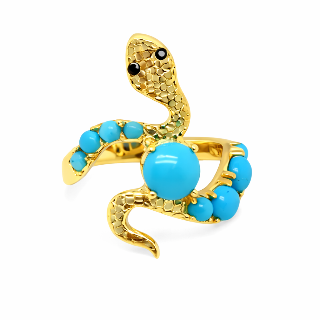 Gold Plated Sleeping Beauty Turquoise & Black Spinel Snake Wrap Ring