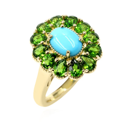 Gold Plated 8x6mm Sleeping Beauty Turquoise & Chrome Diopside Halo Ring