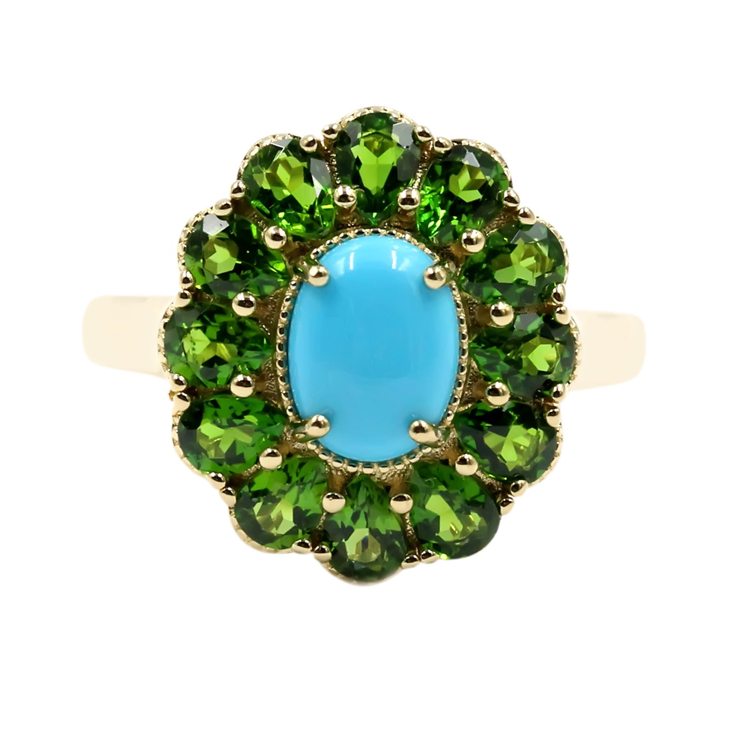 Gold Plated 8x6mm Sleeping Beauty Turquoise & Chrome Diopside Halo Ring