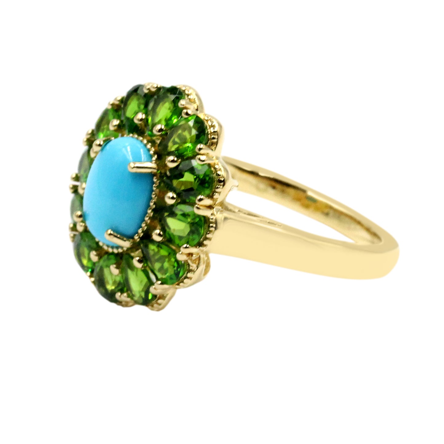 Gold Plated 8x6mm Sleeping Beauty Turquoise & Chrome Diopside Halo Ring