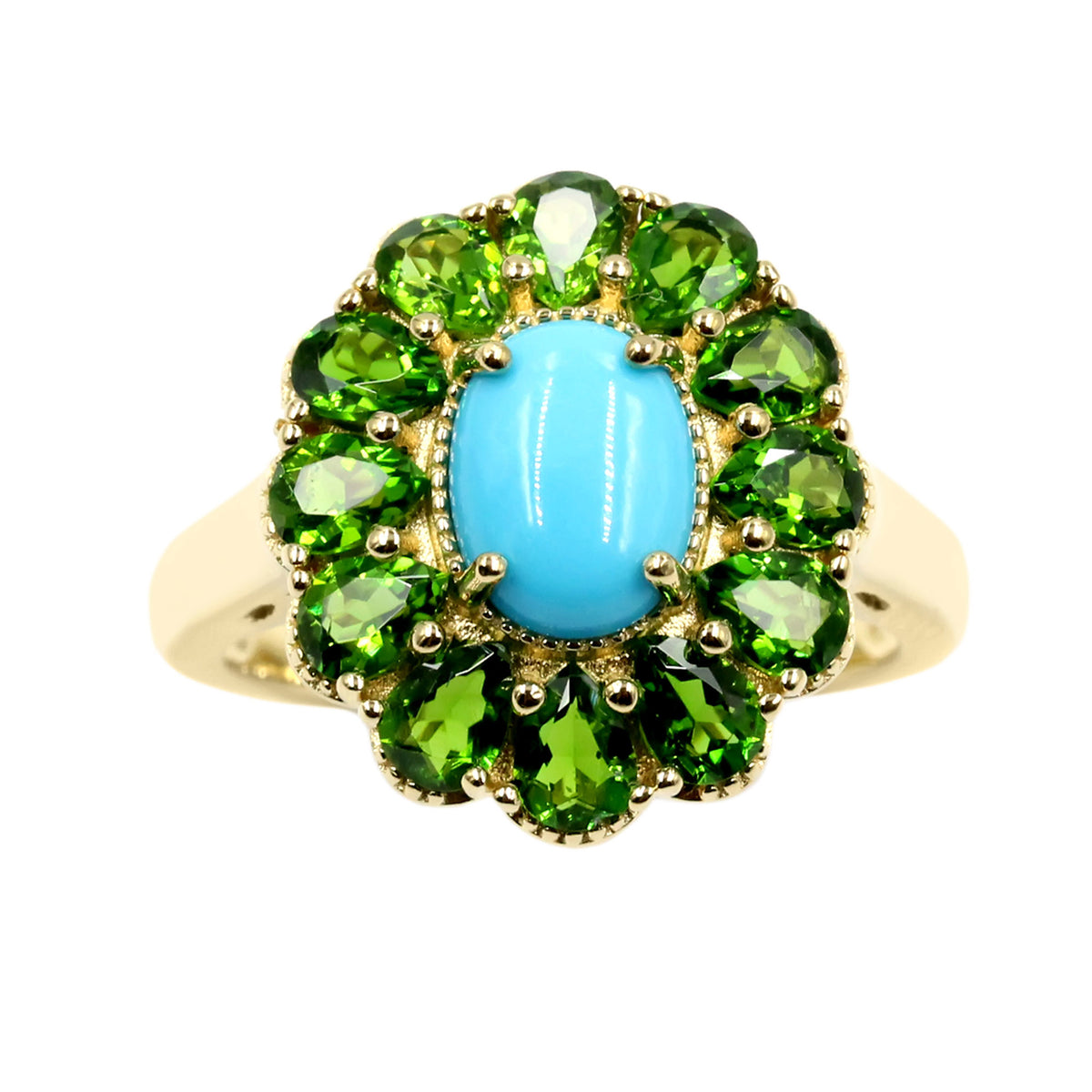 Gold Plated 8x6mm Sleeping Beauty Turquoise & Chrome Diopside Halo Ring