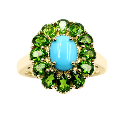 Gold Plated 8x6mm Sleeping Beauty Turquoise & Chrome Diopside Halo Ring