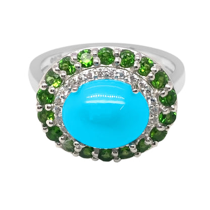 Sterling Silver 10x8mm Oval Sleeping Beauty Turq & Gemstone Halo East-West Ring