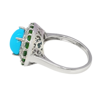 Sterling Silver 10x8mm Oval Sleeping Beauty Turq & Gemstone Halo East-West Ring