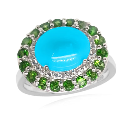 Sterling Silver 10x8mm Oval Sleeping Beauty Turq & Gemstone Halo East-West Ring