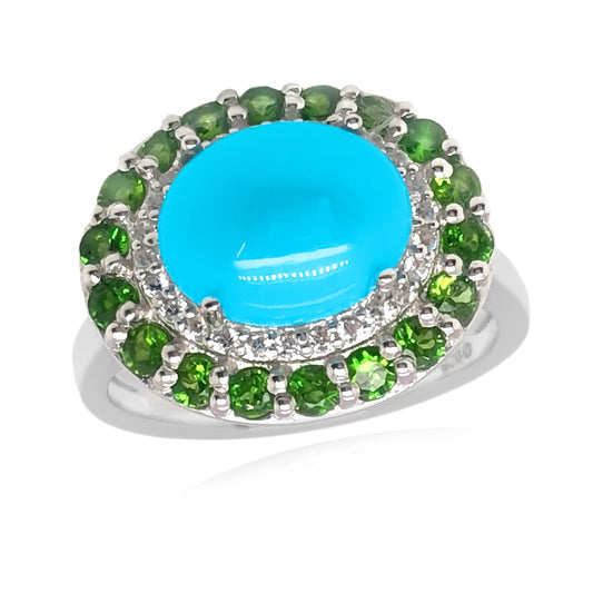 Sterling Silver 10x8mm Oval Sleeping Beauty Turq & Exotic Gem Halo East-West Ring