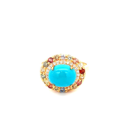 Sterling Silver 10x8mm Oval Sleeping Beauty Turq & Gemstone Halo East-West Ring