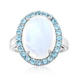 Pinctore Sterling Silver 16x12mm Rainbow Moonstone Halo Ring