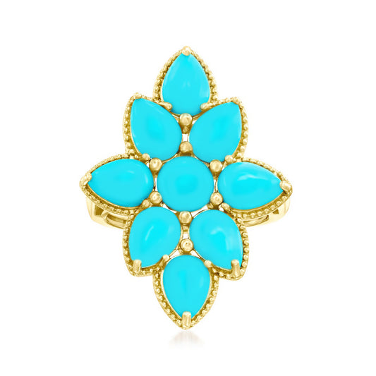 Gold Plated Sleeping Beauty Turquoise Elongated Flower Milgrain Ring
