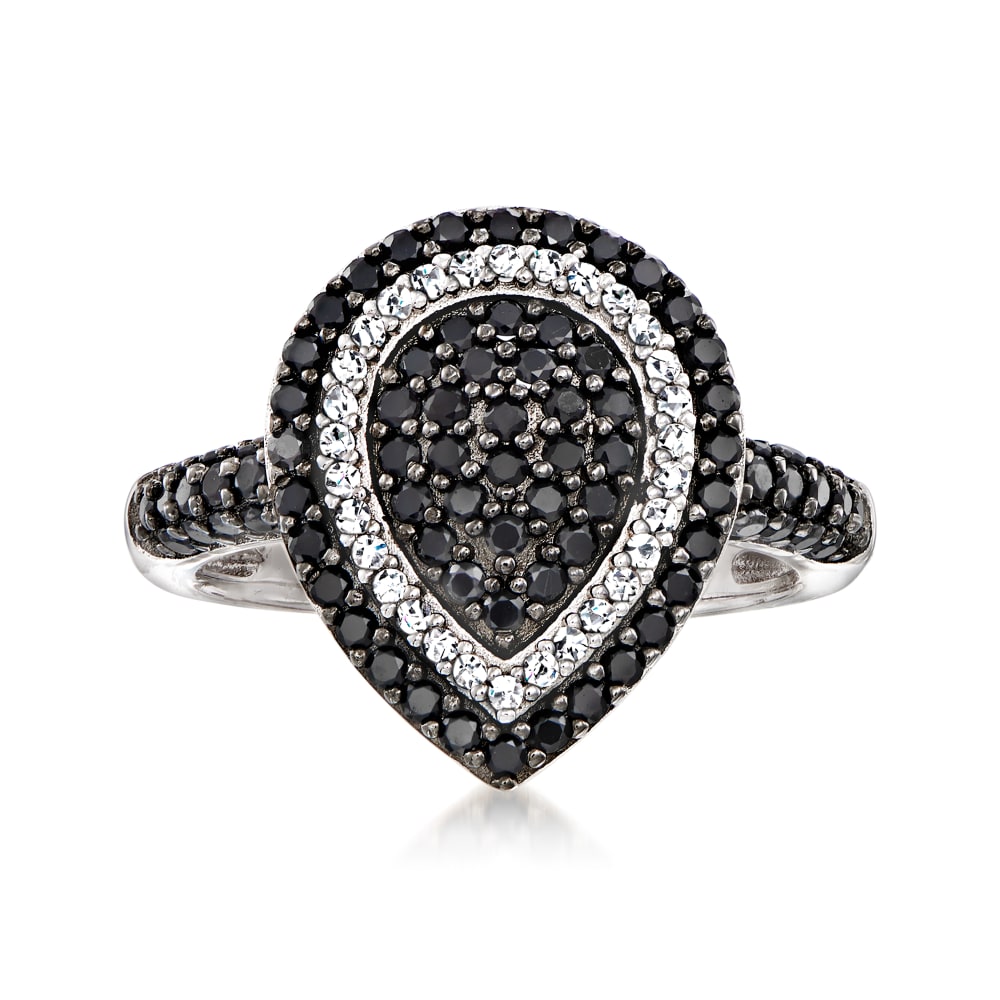 Pinctore Sterling Silver Black Spinel Pear-Shaped Cluster Ring