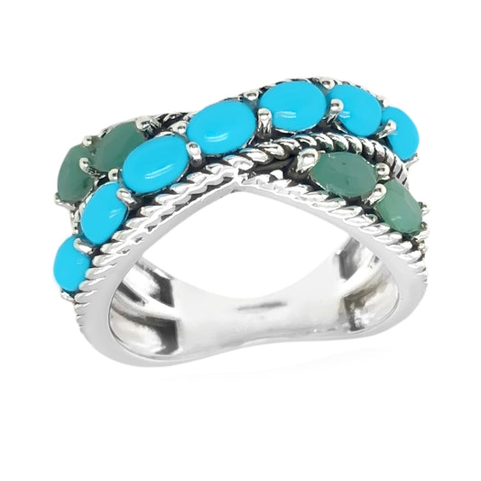 Sterling Silver Sleeping Beauty Turquoise & Sakota Emerald Crossover Ring