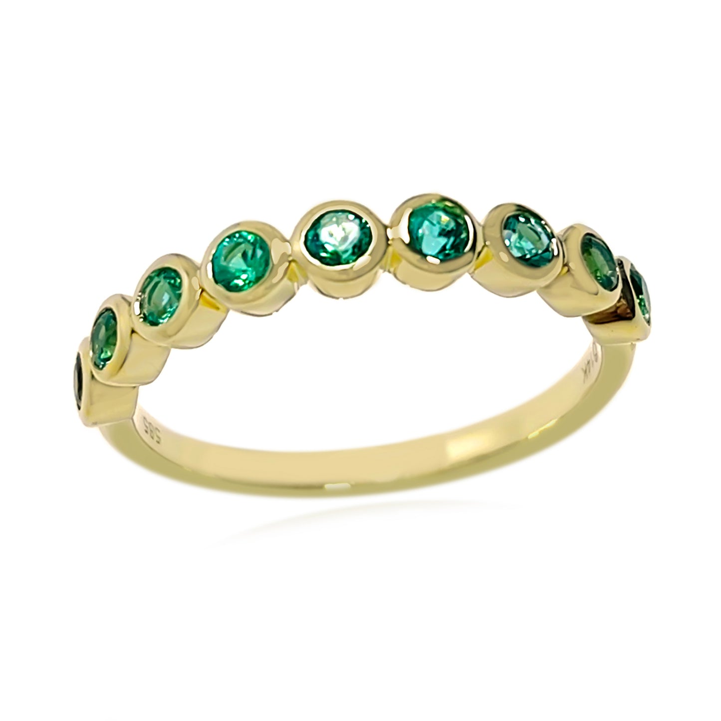 Gilded Lane 14K Gold 2mm Round Zambian Emerald Bezel Set Half-Eternity Band Ring