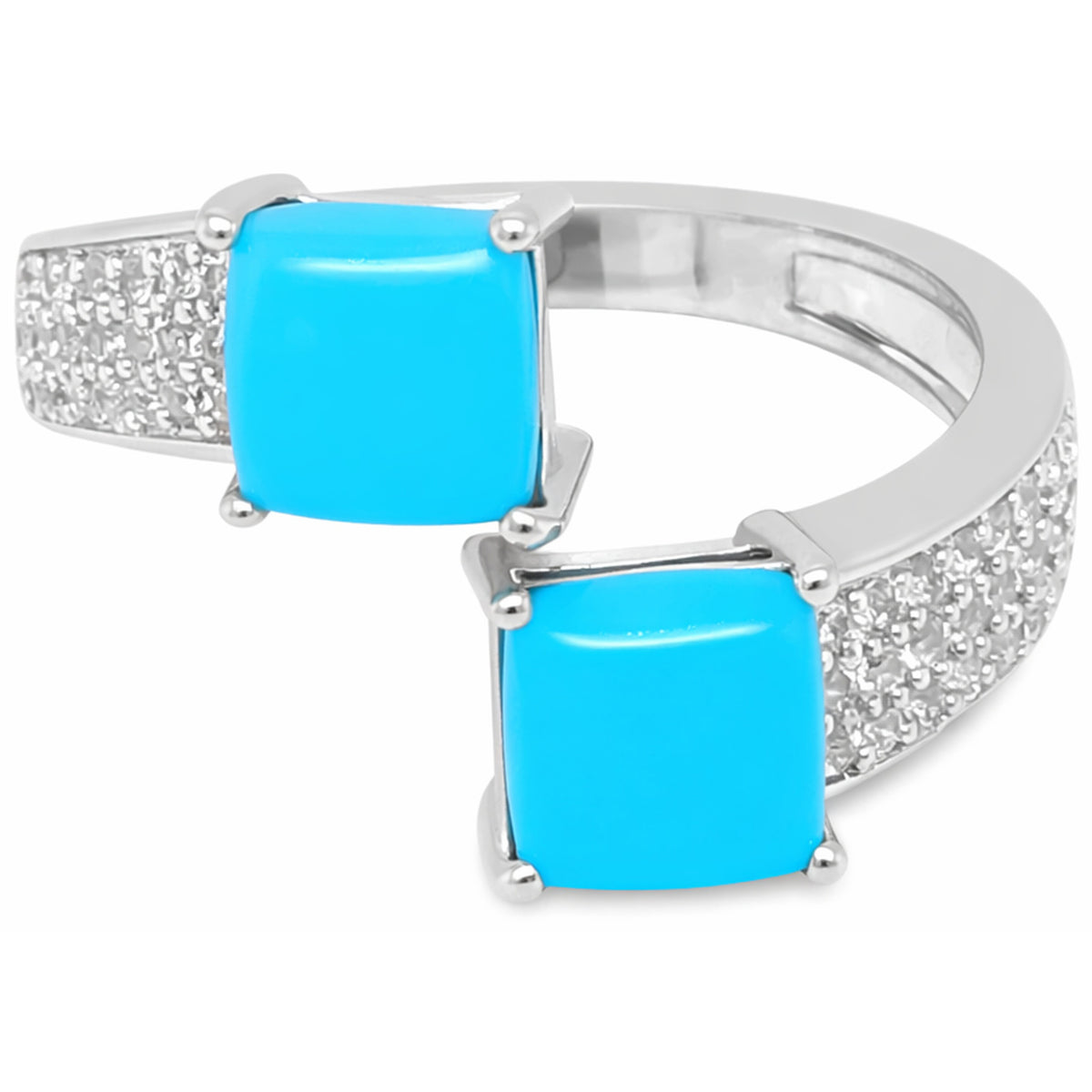 Sterling Silver Cushion Sleeping Beauty Turq & White Zircon Bypass Ring