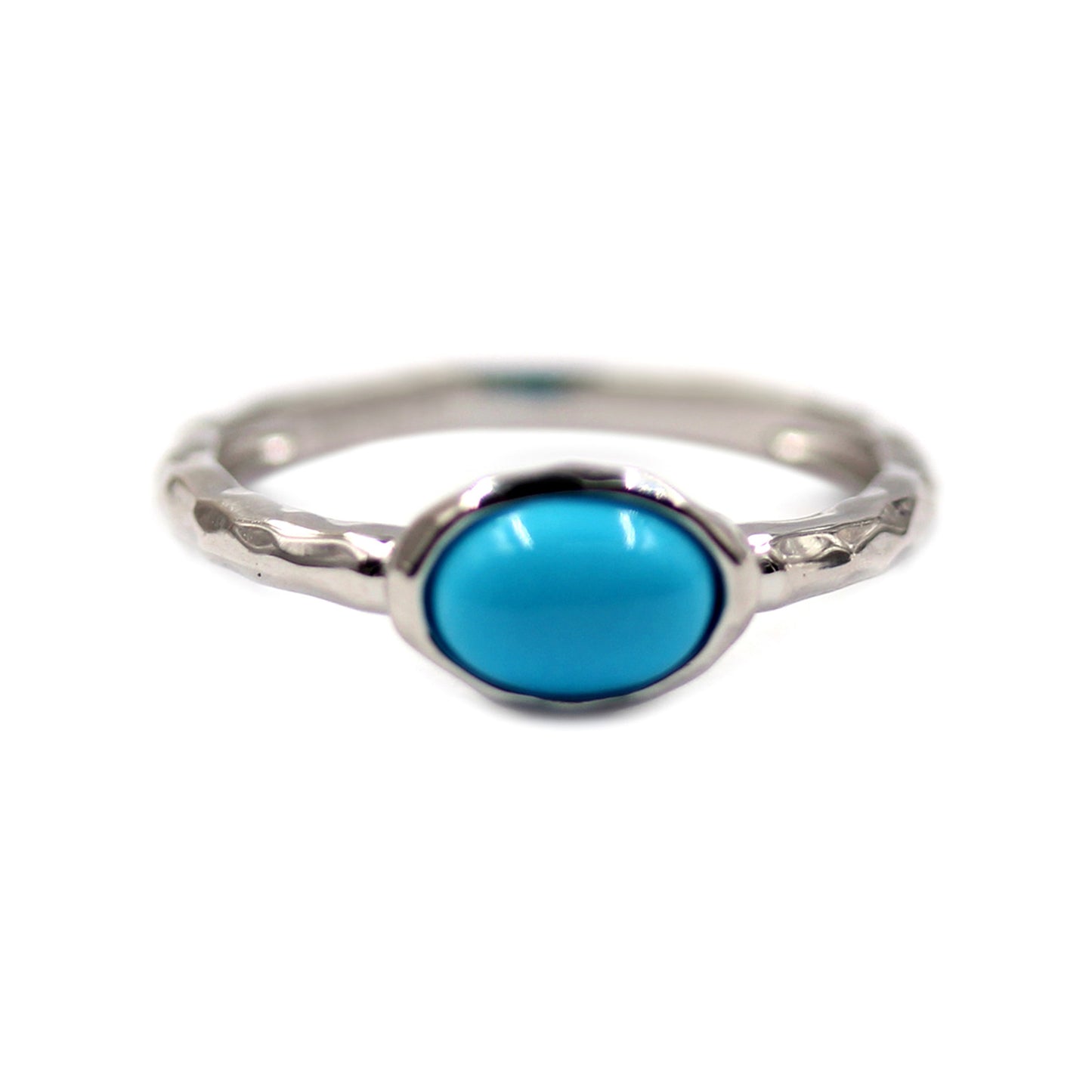 Sterling Silver 7x5mm Oval Sleeping Beauty Turquoise East-West Hammered Ring