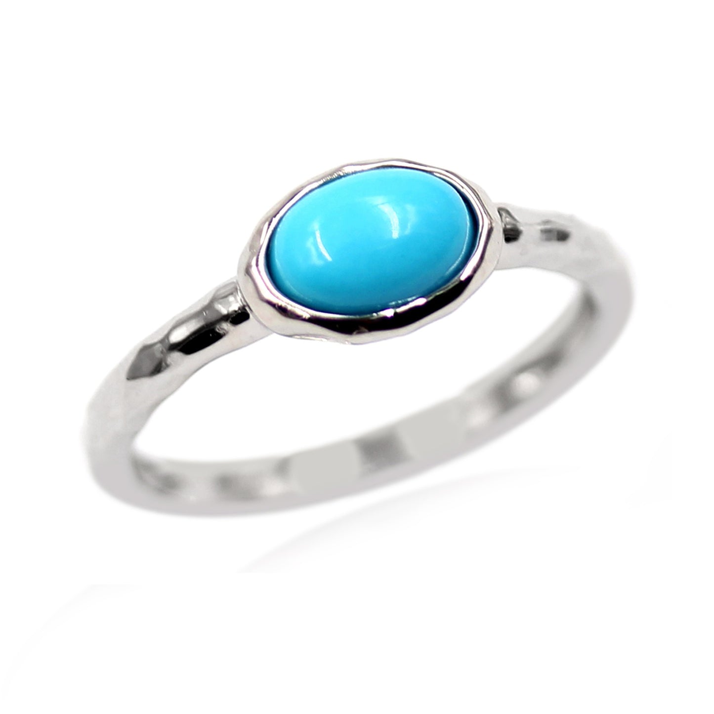 Sterling Silver 7x5mm Oval Sleeping Beauty Turquoise East-West Hammered Ring