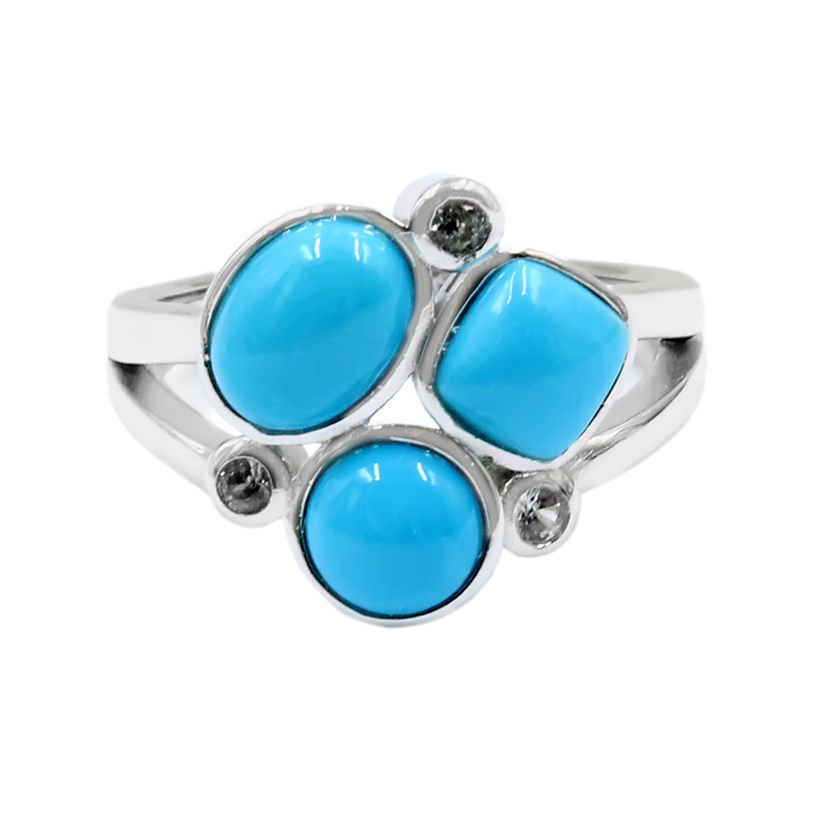 Sterling Silver 3-Stone Multi-Shape Sleeping Beauty Turquoise & White Zircon Cluster Ring