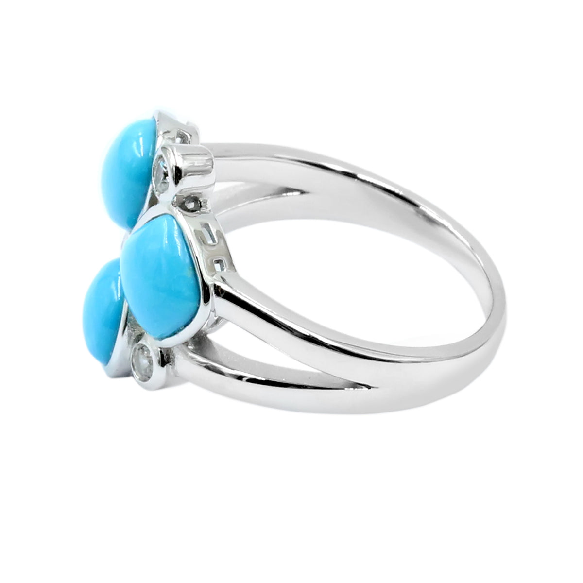 Sterling Silver 3-Stone Multi-Shape Sleeping Beauty Turquoise & White Zircon Cluster Ring