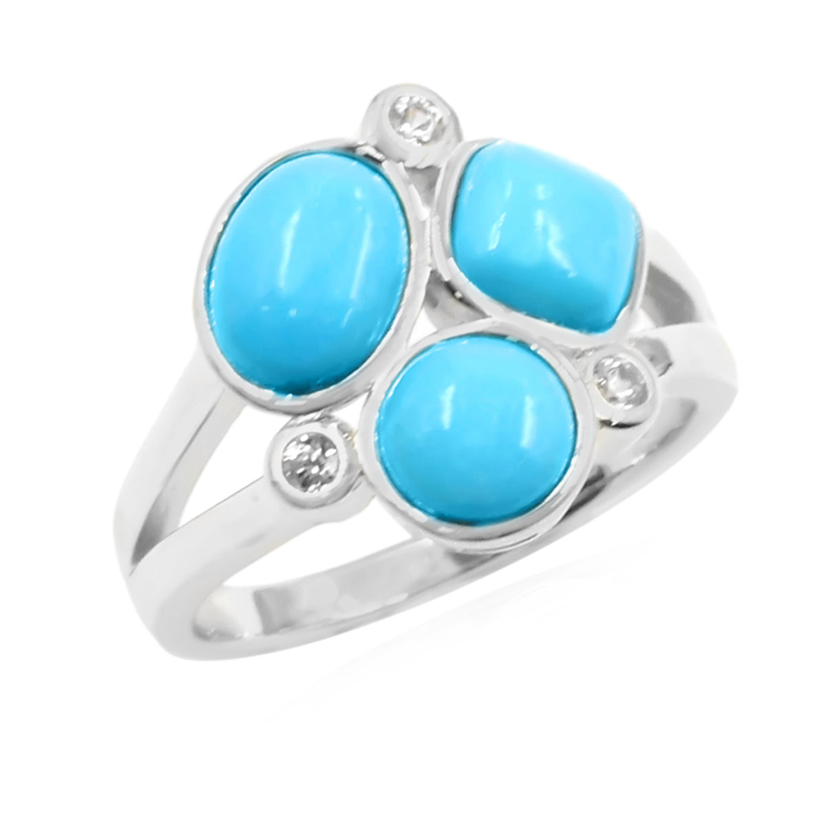 Sterling Silver 3-Stone Multi-Shape Sleeping Beauty Turquoise & White Zircon Cluster Ring