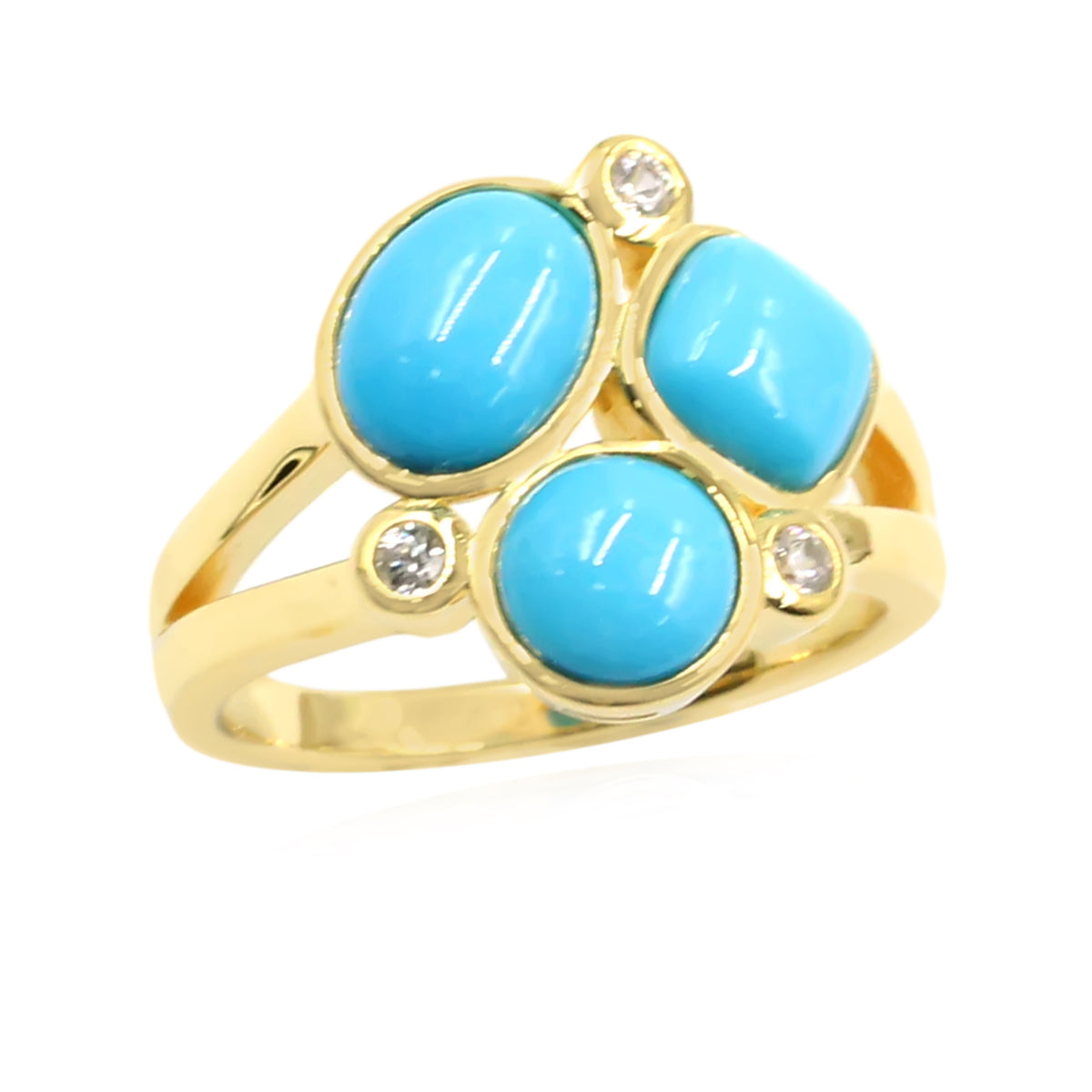 Sterling Silver 3-Stone Multi-Shape Sleeping Beauty Turquoise & White Zircon Cluster Ring