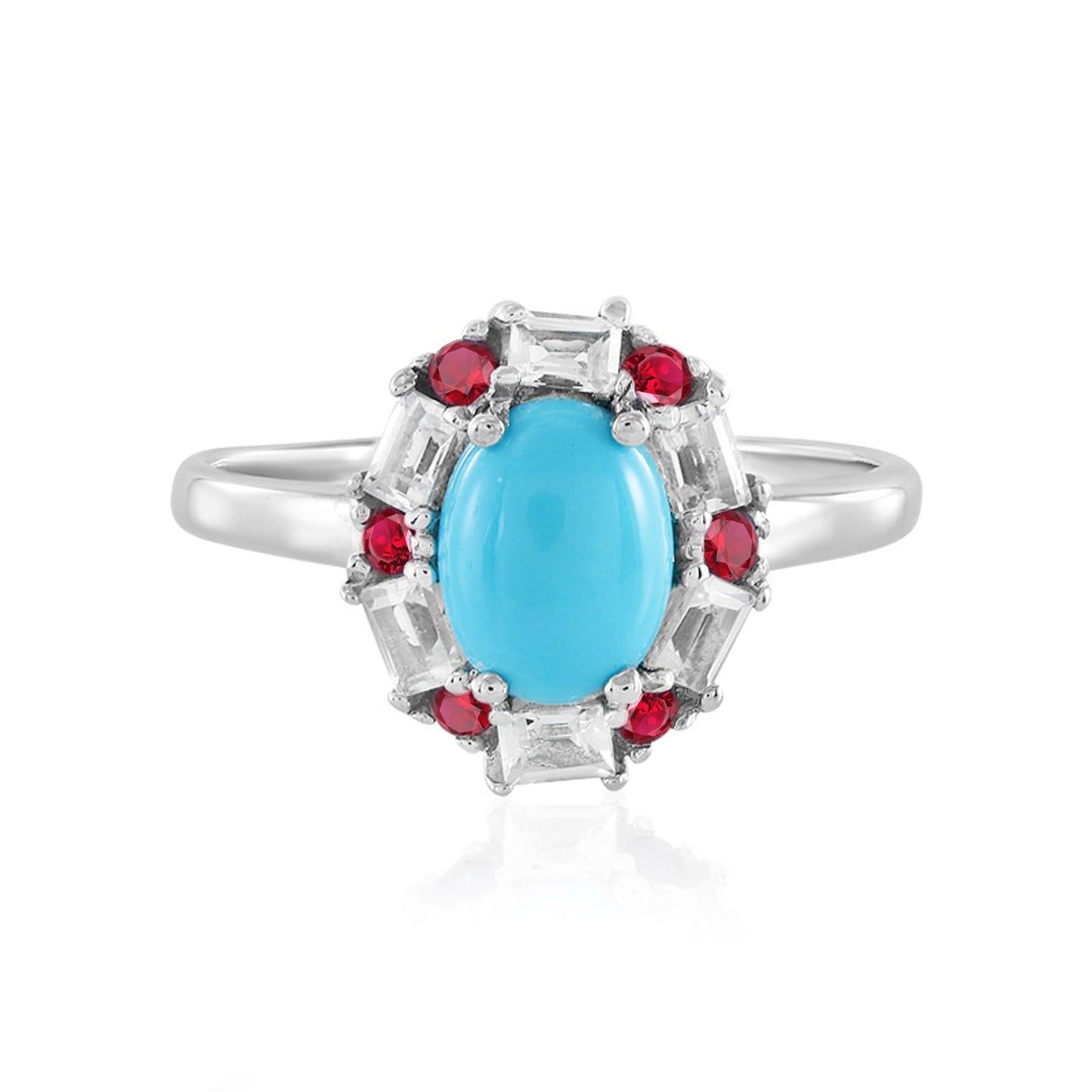 Sterling Silver Sleeping Beauty Turquoise, Red Spinel & White Topaz Halo Ring