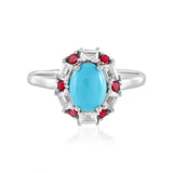 Sterling Silver Sleeping Beauty Turquoise, Red Spinel & White Topaz Halo Ring