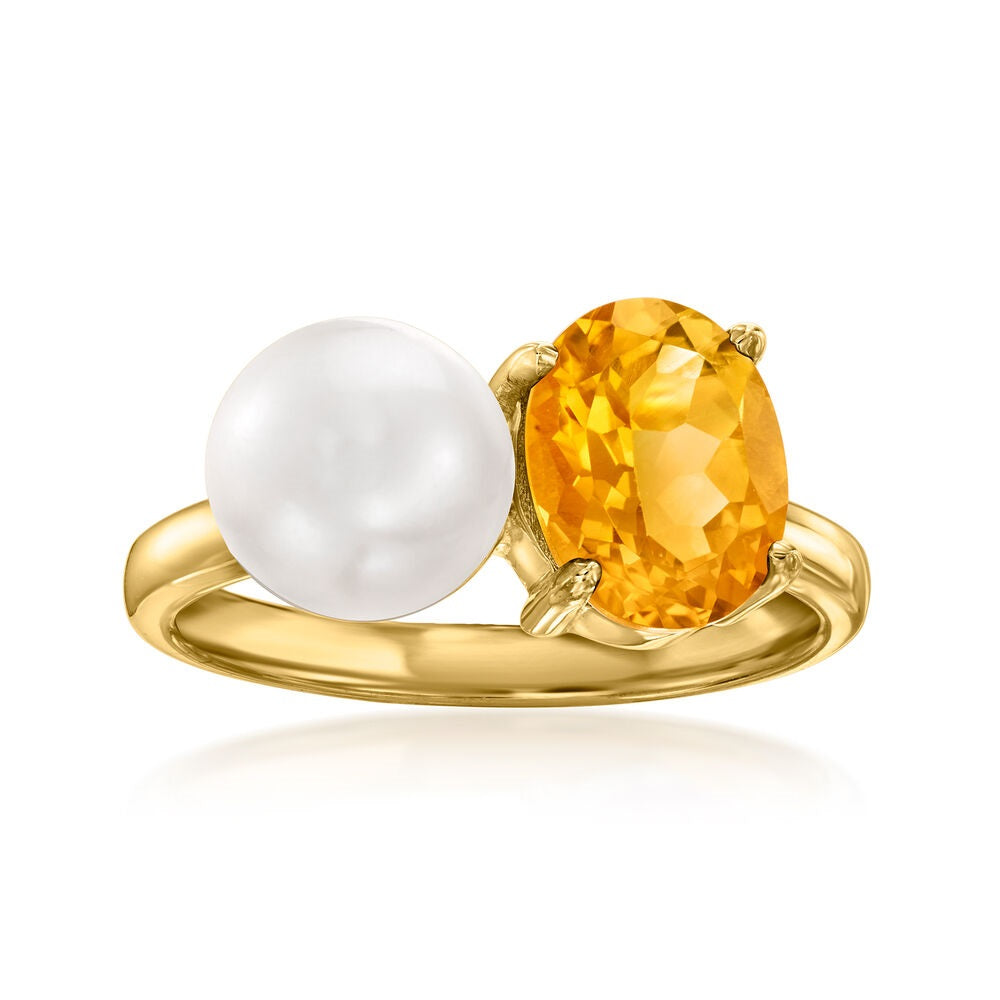 Gem Treasures 18K Gold Plated Citrine & Pearl "Toi et Moi" Ring