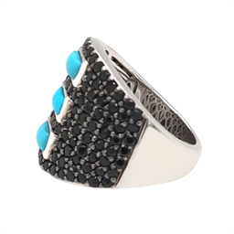 Sterling Silver Baguette Sleeping Beauty Turq & Black Spinel Pave Wide Band Ring
