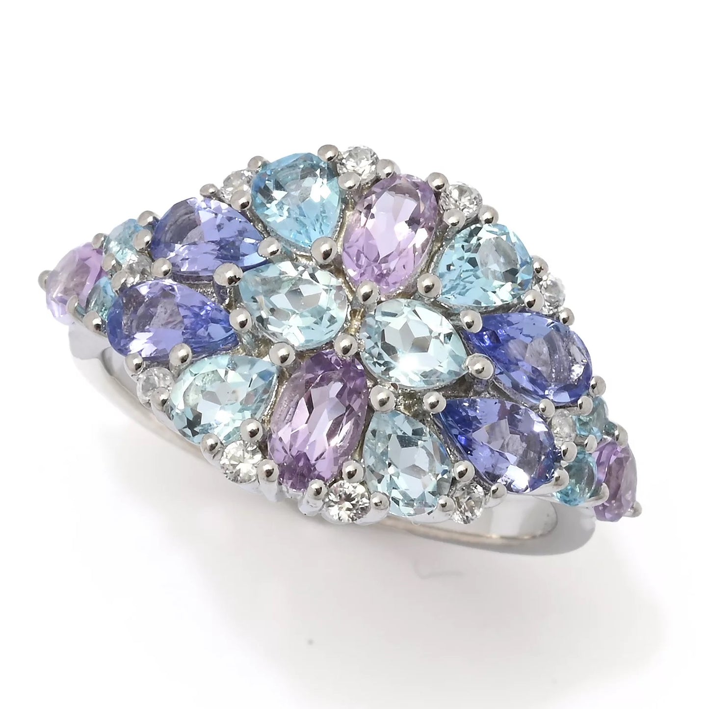 Pinctore Sterling Silver Pastel Multi-Gemstone Tapered Cluster Ring