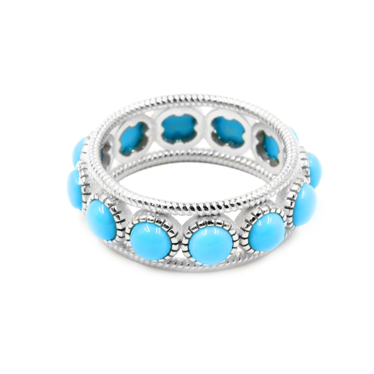 Sterling Silver 4mm Round Sleeping Beauty Turq Beaded Border Eternity Band Ring