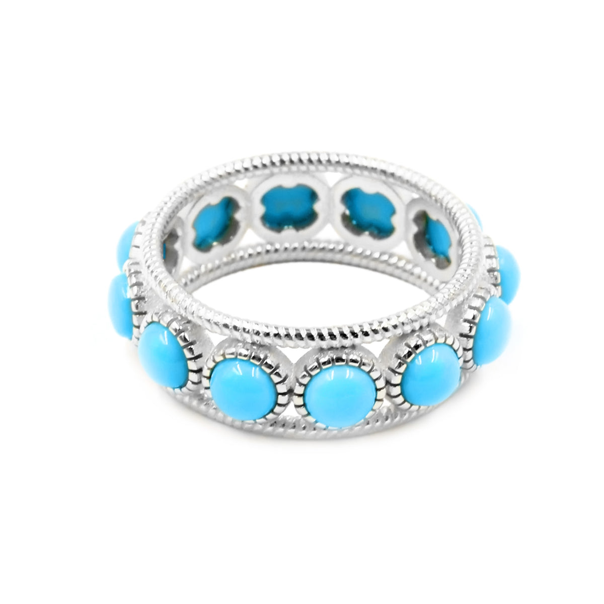 Sterling Silver 4mm Round Sleeping Beauty Turq Beaded Border Eternity Band Ring