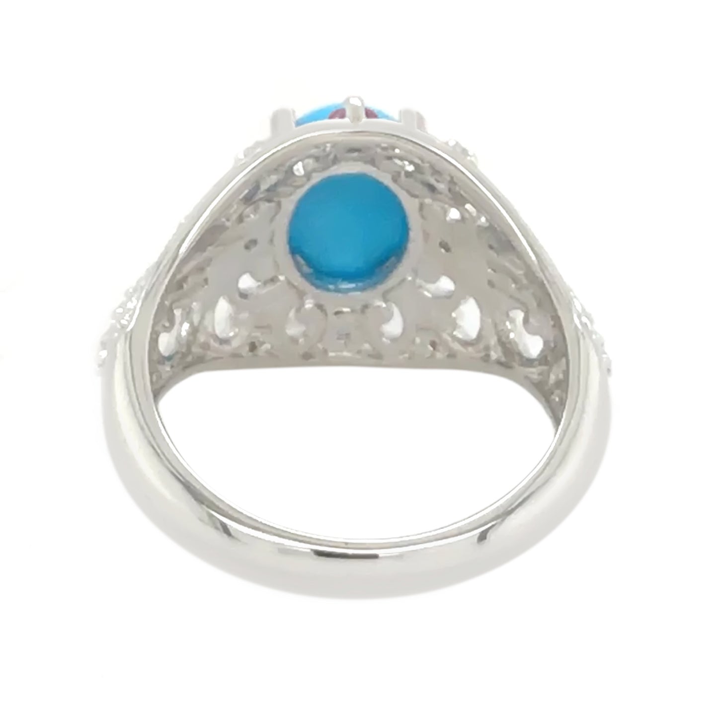 Sterling Silver 9x7mm Sleeping Beauty Turq & Exotic Gem Accent Filigree Ring