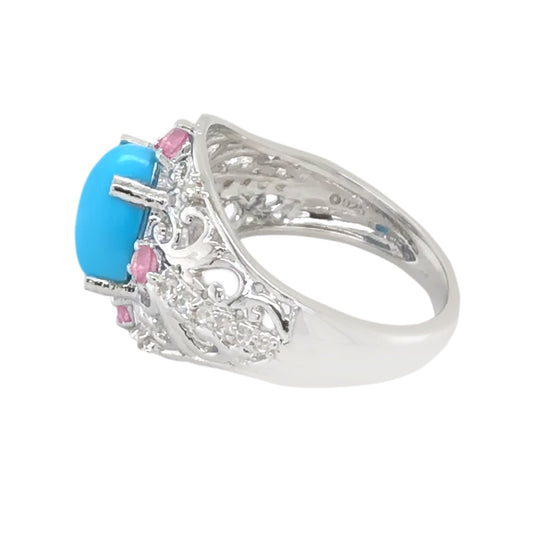 Sterling Silver 9x7mm Sleeping Beauty Turq & Exotic Gem Accent Filigree Ring