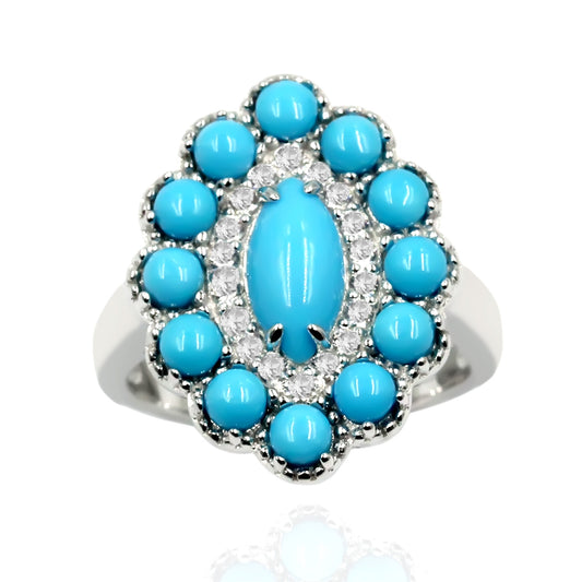Sterling Silver 10x5mm Marquise Sleeping Beauty Turq Round Halo Ring