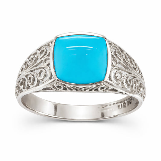 Sterling Silver 8mm Cushion Sleeping Beauty Turquoise Filigree Shank Ring