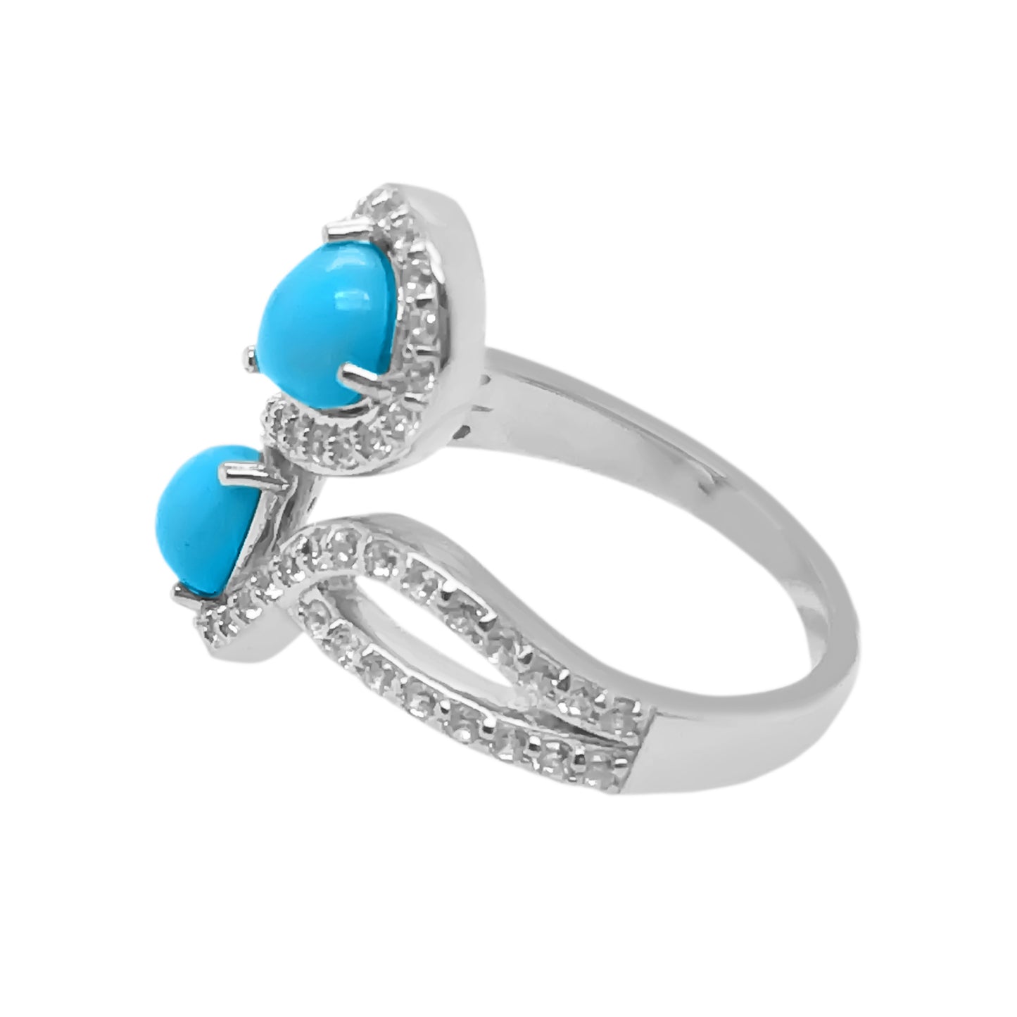 Sterling Silver 7x5mm Sleeping Beauty Turq & White Zircon Bypass-Style Ring